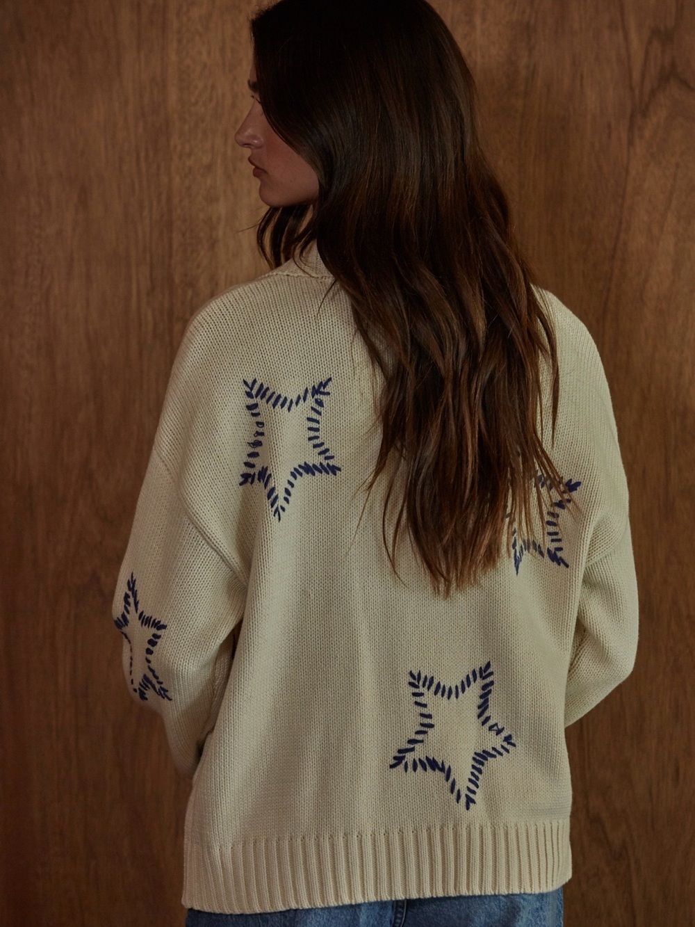 W2608 Saddle Stitch Star Cream Button-Up Cardigan - Picture 3 of 3